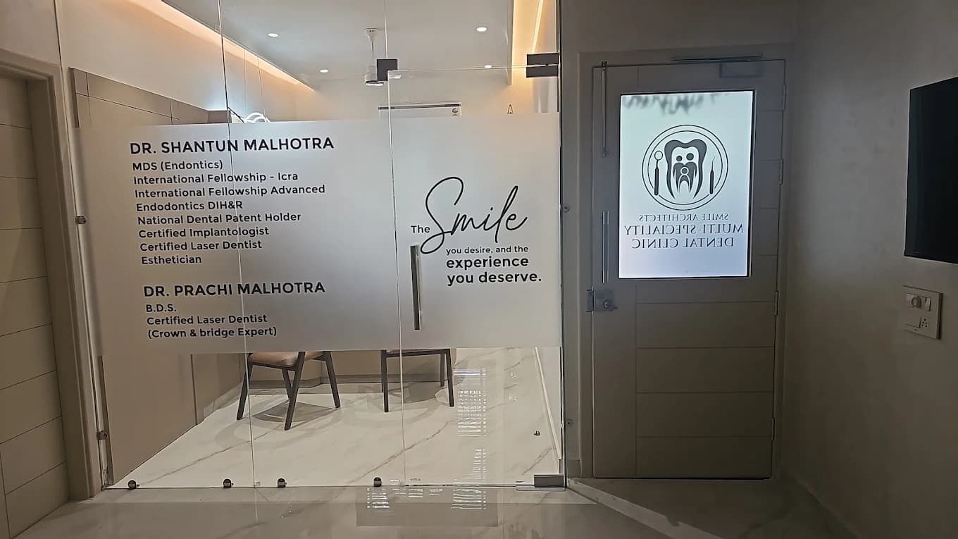 Smile Architects clinic entrance with doctor credentials, Amritsar